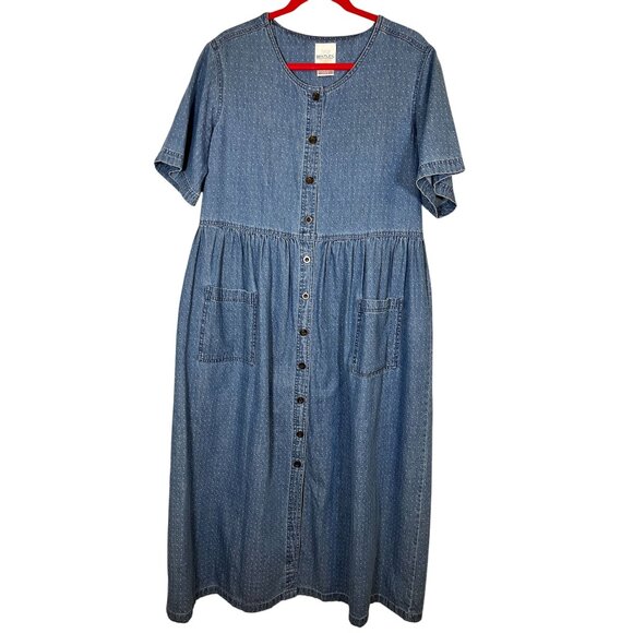 Retro Polka Dot Denim Dress 16W Blue Cowgirl Boho Western Classic Chic Preppy - Picture 1 of 10